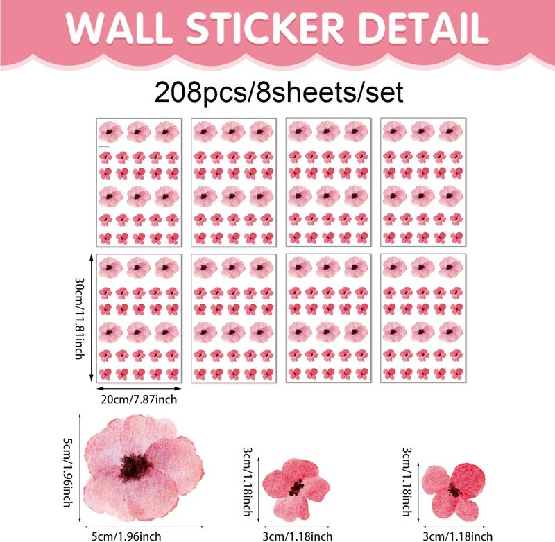 Kasubeso 208Pcs Boho Flower Wall Stickers, Peel and Stick Pink Floral Wall Decals, Removable Neutral Watercolor Wildflower Blossom Window Clings for Girls Bedroom Living Room Offices Home Decoration - Image 2